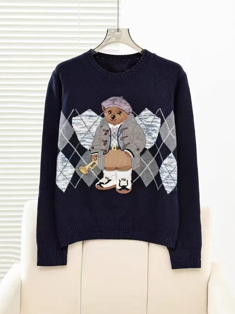 High Quality European Brand Bear Design Ladies Knit Sweater Pullover Knitted Tops Knitwear Women Clothes Jumper