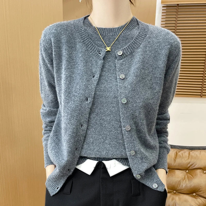 Autumn Winter Women's Sweater Cardigan Two-piece Set Pullover 100% Merino Wool Knitwear O-neck T-shirt Office Lady Clothing Tops
