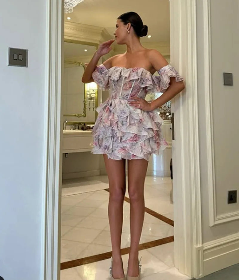 Off Shoulder Ruffle Dress Evening Club Wear Chiffon Dresses 2025 Women Summer Vintage Outfits Sexy Bodycon Pleated Mini Dress