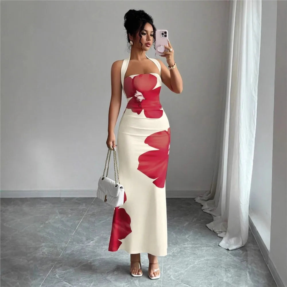 2026 Package Hip Dresses For Ladies Dress For Wedding Vestido Temperament Sexy French Hot Girl Style Neck Halter Printed Bodycon