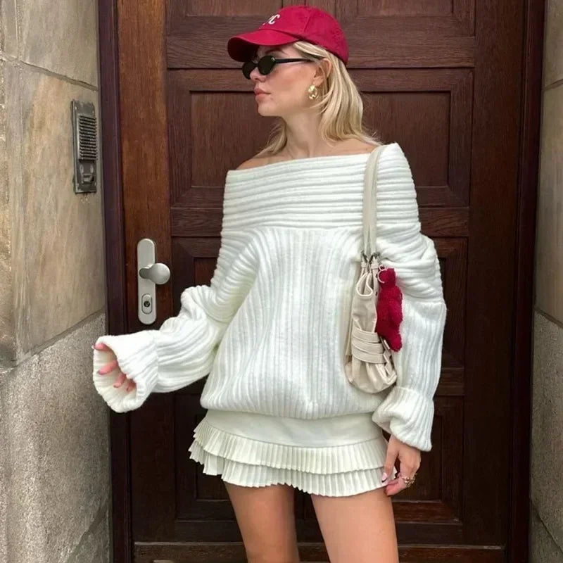 Tuularose Women's Off-Shoulder Sweater Fashion Loose Casual Brown Retro Pullover Spring High Street Office Lady Tops Knitwear