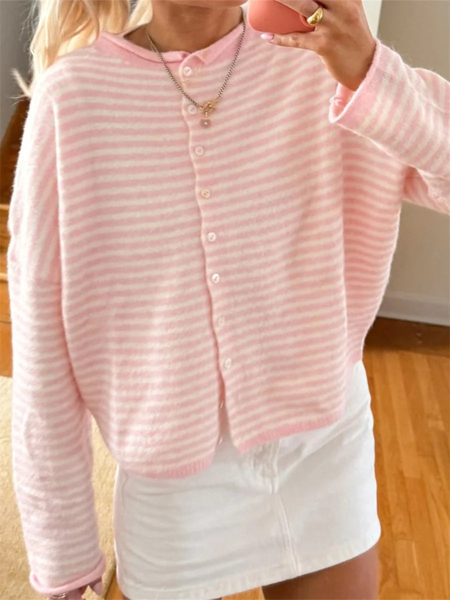 Women's Sweater Striped Button Down Cardigan Knit Tops Outerwear Casual Loose Long Sleeve Fall Tops Knitwear