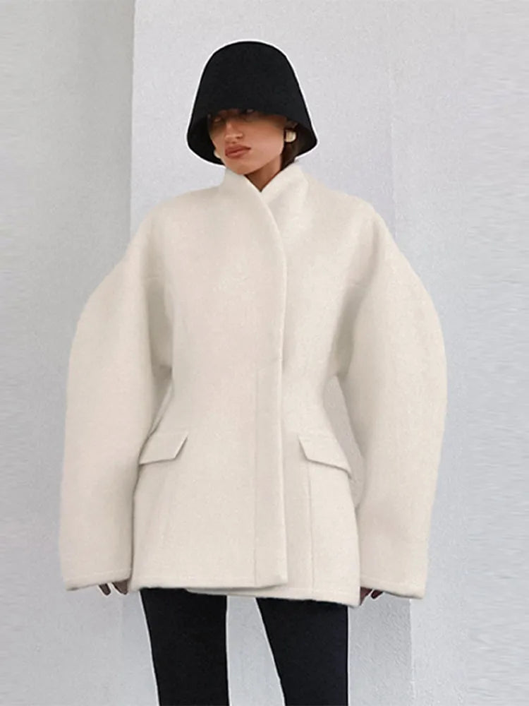 Women's Fleece Button Wasit Jacket Fashion Stand Collar Long Sleeve Pockets Oversized Coat Lady 2026 Spring New Casual Outerwear
