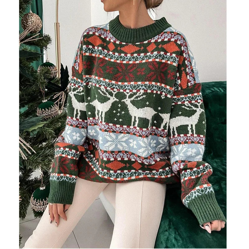 2026 New Winter Christmas Sweater for Women Jacquard Knitted Long Sleeve Warm Deer Print Pullover Tops Knitwear
