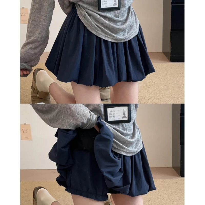 Women's Mini Skirt High Waist A-Line Slimming Summer Skirt with Built-in Shorts for Petite, Pleated Puff Hem Pink