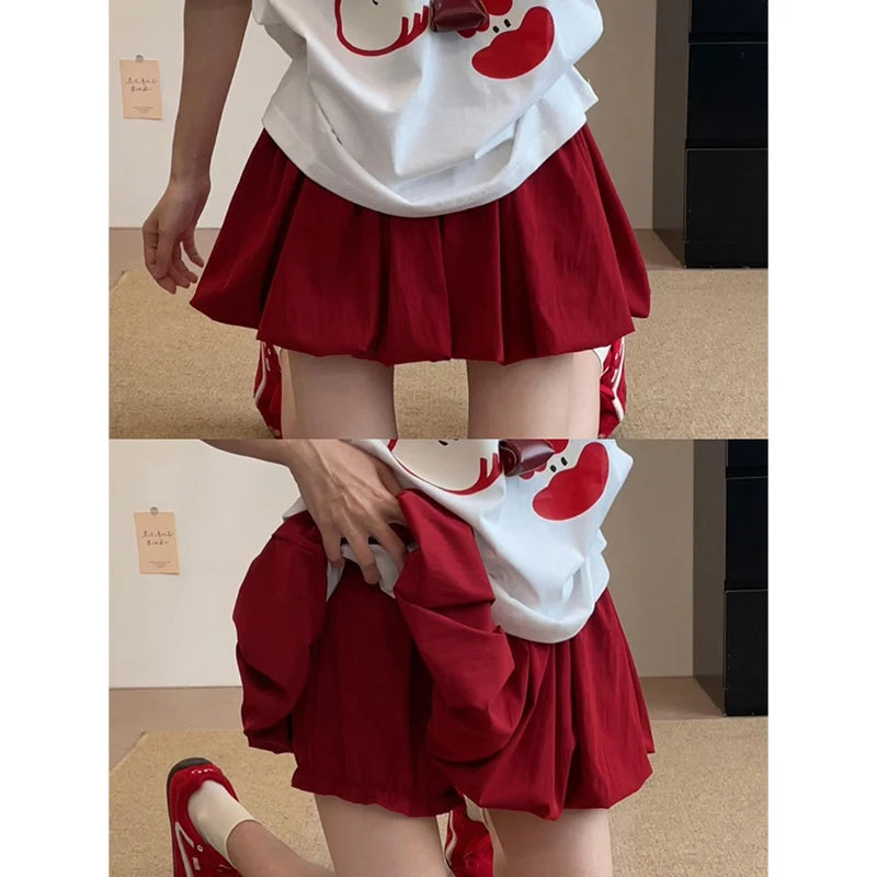 Women's Mini Skirt High Waist A-Line Slimming Summer Skirt with Built-in Shorts for Petite, Pleated Puff Hem Pink