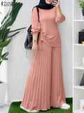 Women Autumn Matching Sets Muslim Outfits Ramadan 2 Pieces Set Casual Long Sleeve Tops Trousers Suit Solid Tracksuit