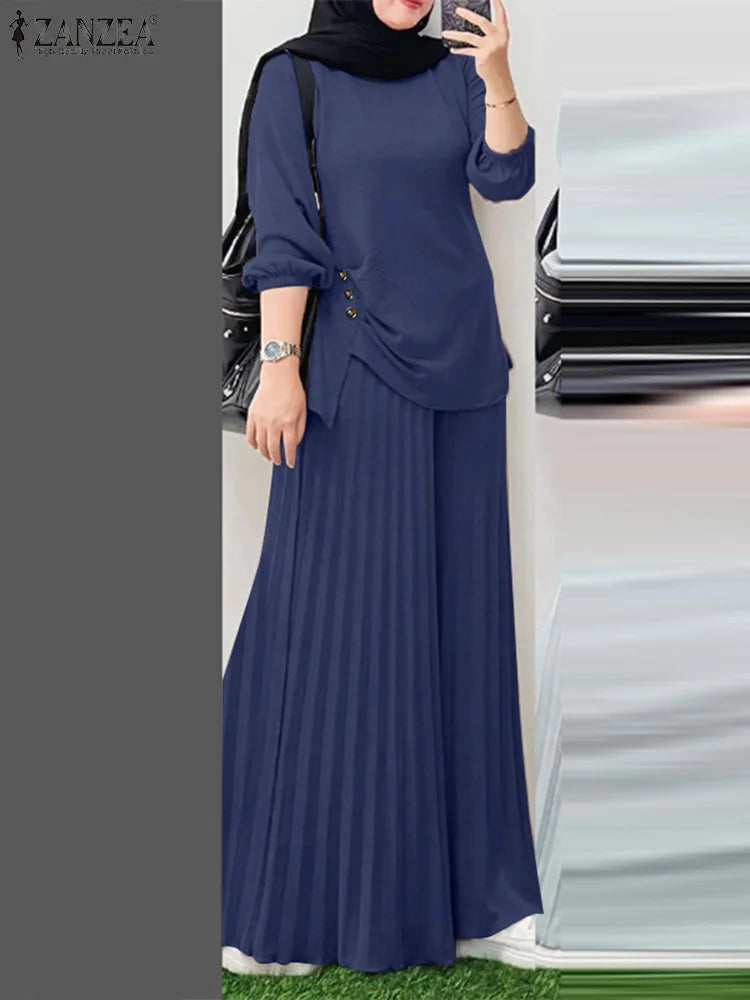 Women Autumn Matching Sets Muslim Outfits Ramadan 2 Pieces Set Casual Long Sleeve Tops Trousers Suit Solid Tracksuit