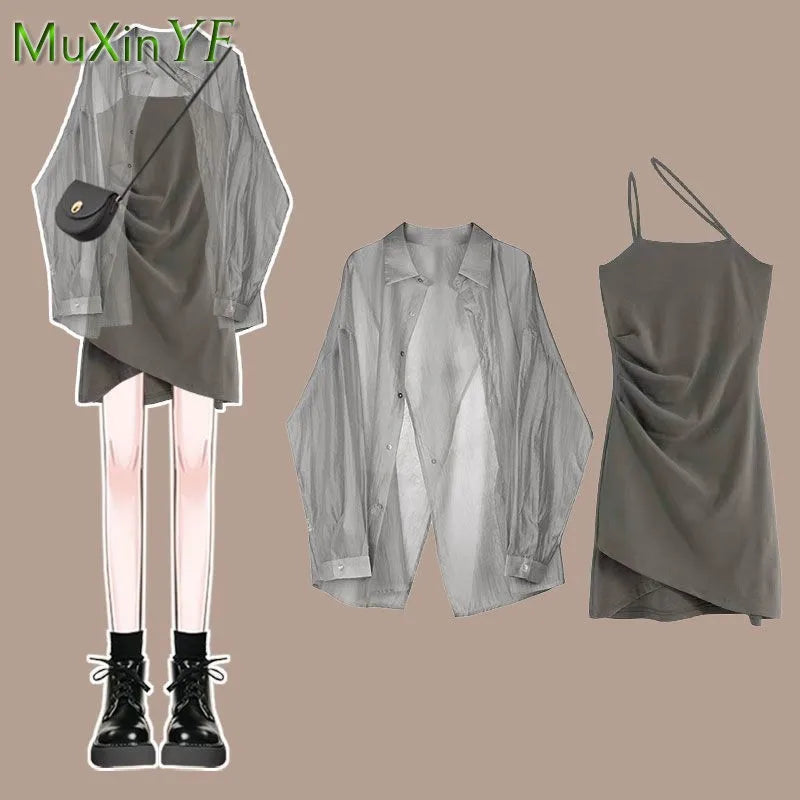 Women's Summer Dress Matching Set 2026 New Fashion Chiffon Sunscreen Shirt Slip Skirt Two-piece Korean Elegant Chic Blouse Suit