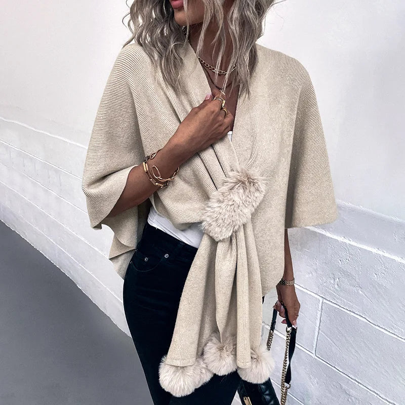 Sweater Women Fashion Solid Color Fur Ball Cloak New Solid Color Warm Comfirtable Shawl Knitted Cardigan Women MMYDP2505