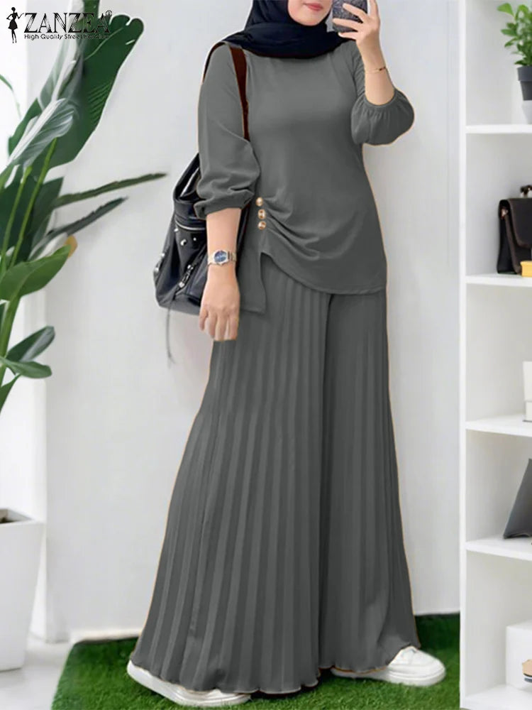 Women Autumn Matching Sets Muslim Outfits Ramadan 2 Pieces Set Casual Long Sleeve Tops Trousers Suit Solid Tracksuit
