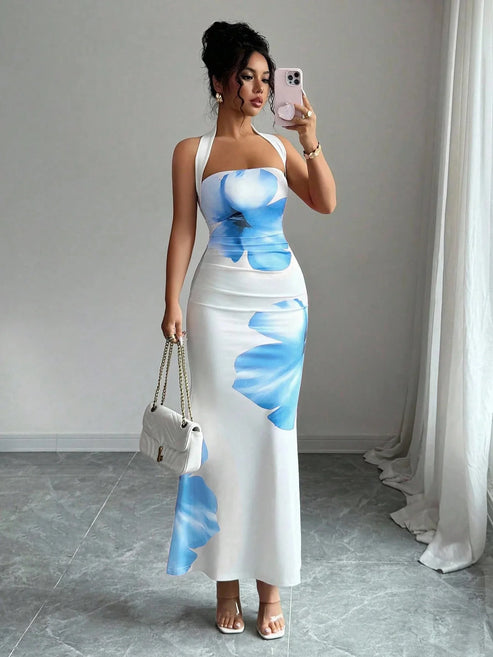 2026 Package Hip Dresses For Ladies Dress For Wedding Vestido Temperament Sexy French Hot Girl Style Neck Halter Printed Bodycon