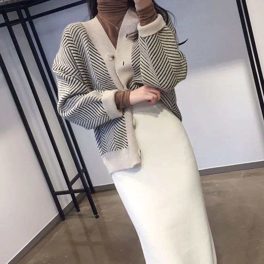 Autumn Winter Fashion Striped Cardigan Sweater Women Knitted Coats Female Long Sleeve Casual Knit Jacket Cardigans Tops Knitwear
