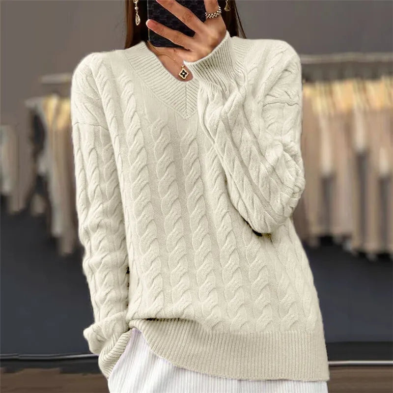 V-Neck Women's Sweater Autumn Winter New Fashion Long Sleeved Knit Pullover Warm Solid Basic Wool Female Tops Knitwear