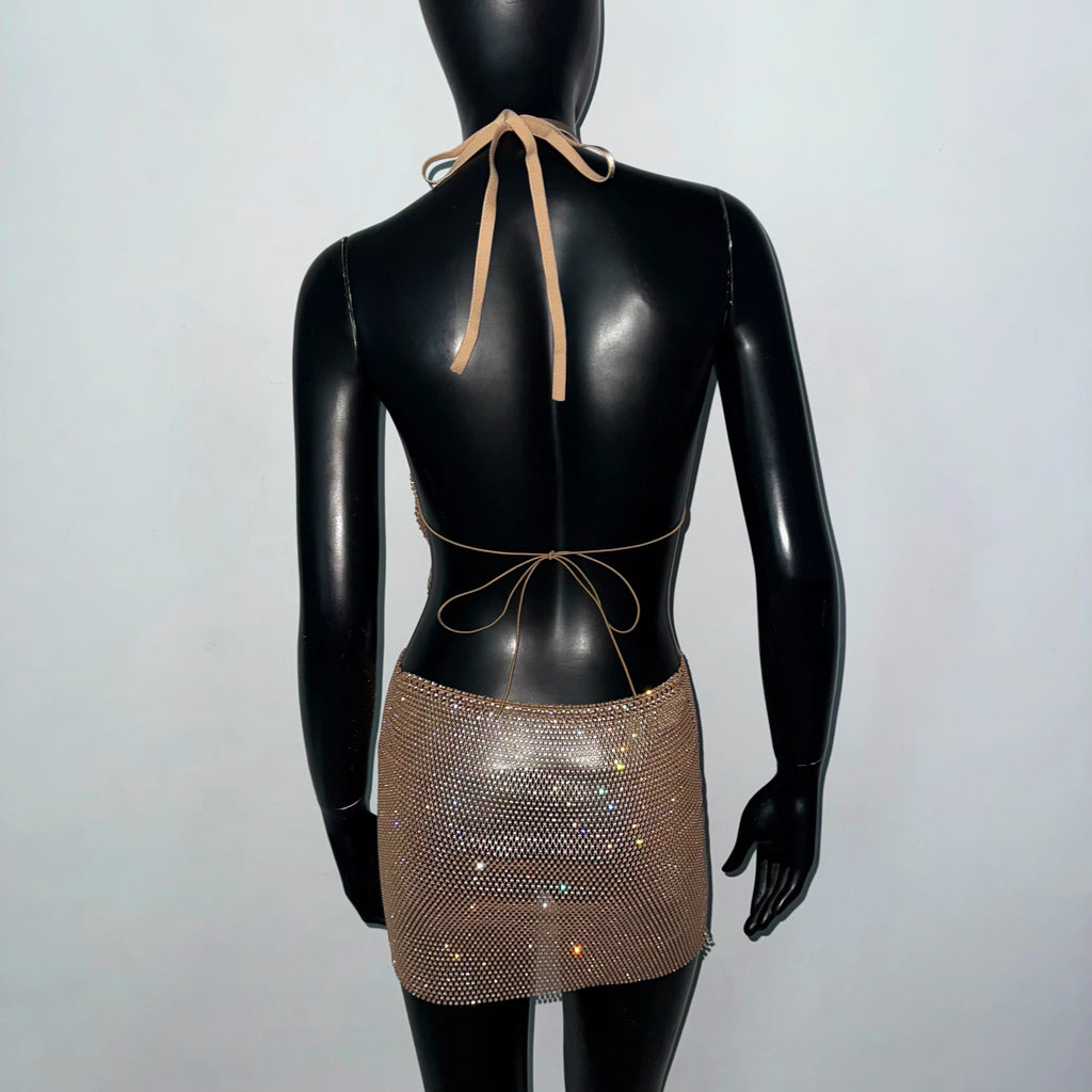 Shiny Rhinestone Mesh Draped Neckline Dress For Women Sexy Backless Halter Neck Hollow Out Mini Dress Rave Music Festival Dress