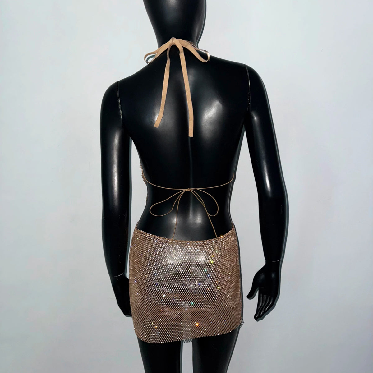 Shiny Rhinestone Mesh Draped Neckline Dress For Women Sexy Backless Halter Neck Hollow Out Mini Dress Rave Music Festival Dress