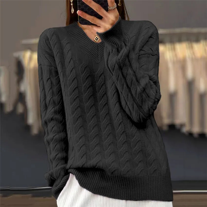 V-Neck Women's Sweater Autumn Winter New Fashion Long Sleeved Knit Pullover Warm Solid Basic Wool Female Tops Knitwear