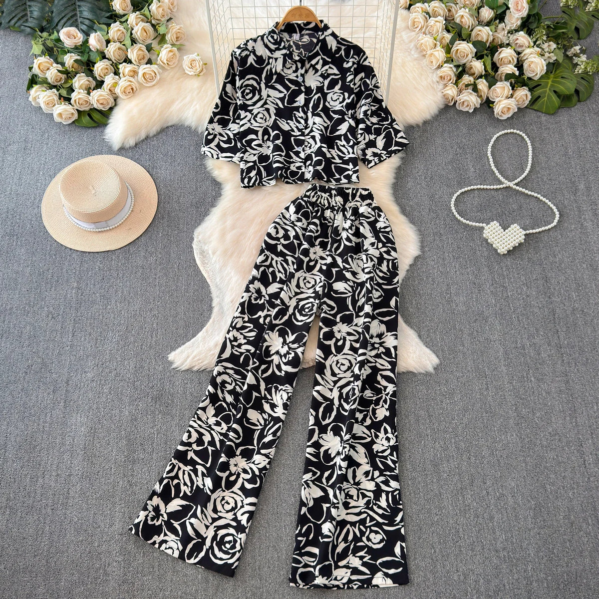 2026 Summer Matching Set Women Floral Print Short Sleeve Shirt Top Elastic Waist Long Pants Fashion Streetwear Suit