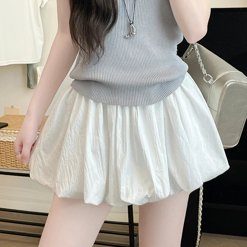Women's Mini Skirt High Waist A-Line Slimming Summer Skirt with Built-in Shorts for Petite, Pleated Puff Hem Pink